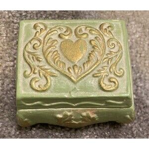 Vintage Handmade Small Rectangular Green Heart Gold Ceramic Trinket Box with Lid